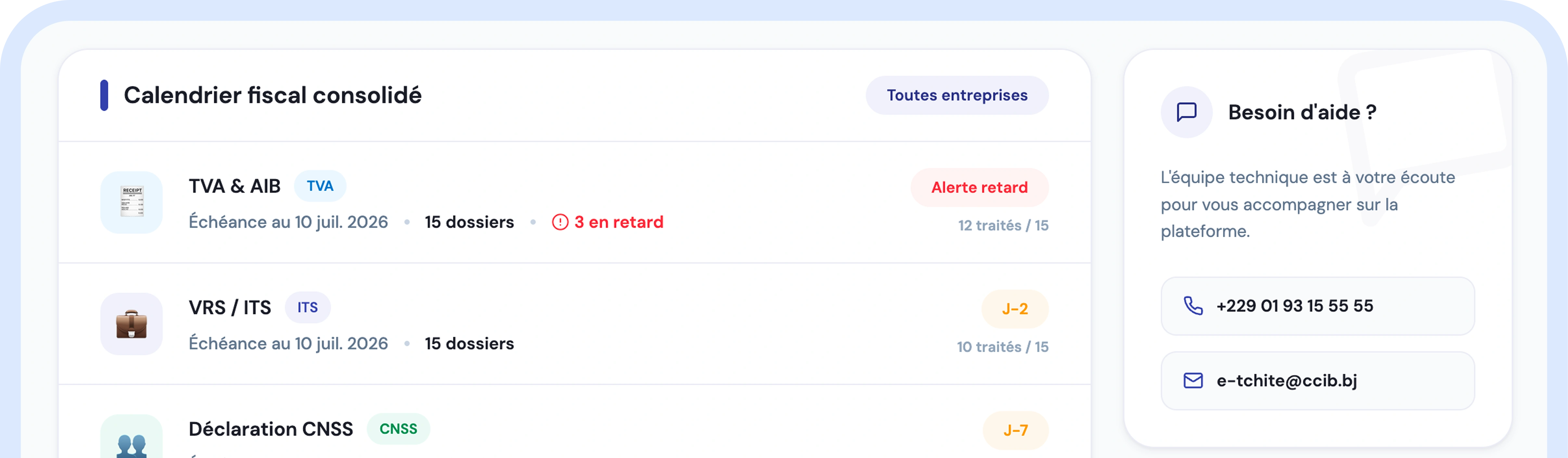 Calendrier fiscal consolidé de l'espace comptable e-Tchité